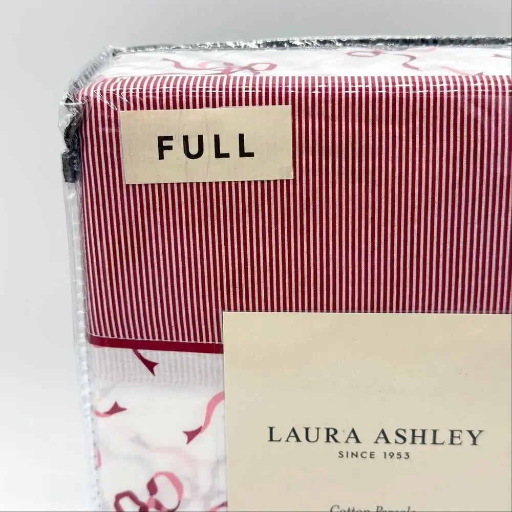 Laura Ashley Trailing Bows Red & White Striped Hem 4pc FULL Sheet Set NEW